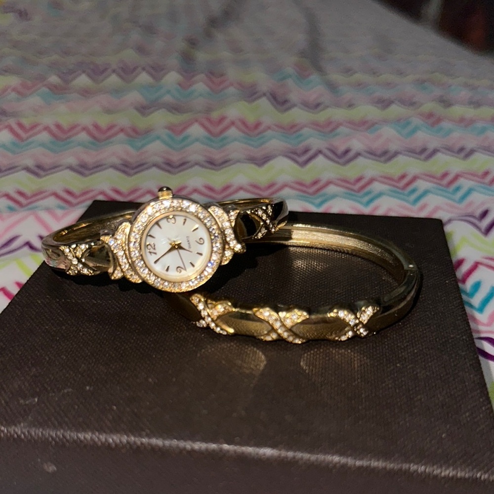 Gold Bracelet Watch & Bracelet Set with Rhinestone Accents